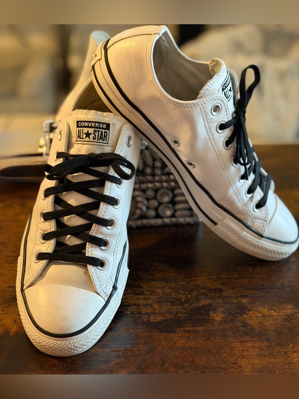 Converse All Star Leather Low Top Sneakers – White/Black – Men's 10 / Women's 12 - Picture 4 of 10